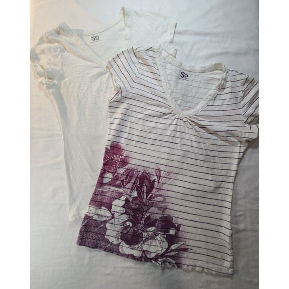 SO 2-Pack Cotton Tees Size Small White & Pink Floral Stripe V-Neck Top - Picture 1 of 11